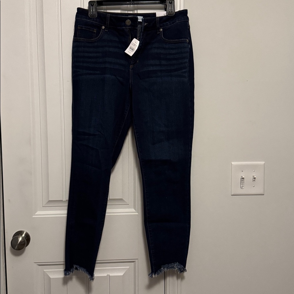 LOFT Indigo Denim Jeans. Curvy, skinny. Frayed hem.